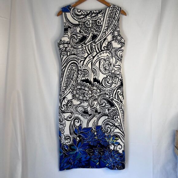 Dana Kay White & Blue Maximal Paisley Print Shift/Sheath Office Dress Size 8 - Picture 2 of 10